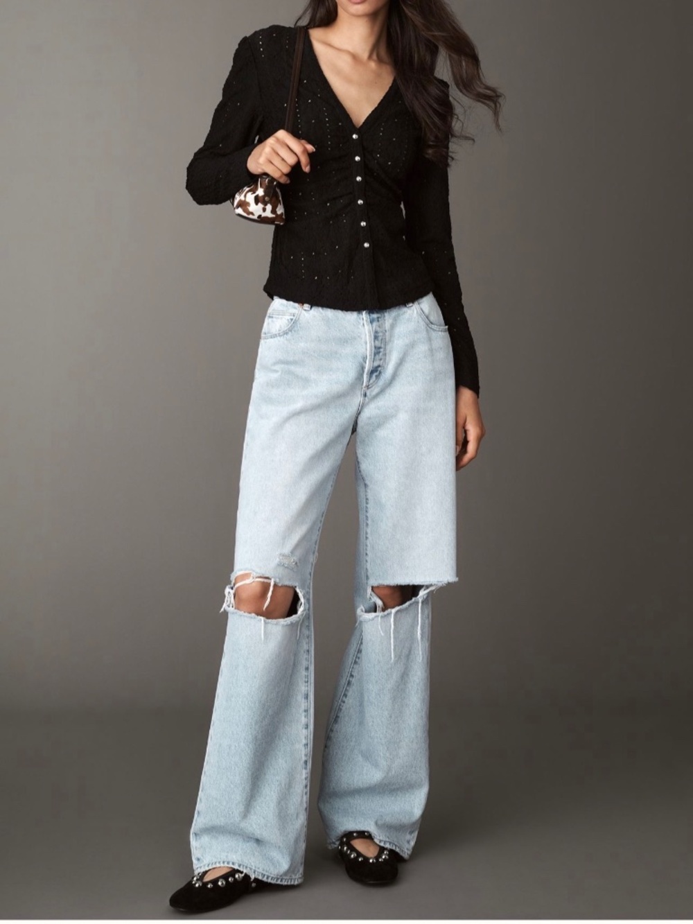 Maeve by Anthropologie Textured Eyelet V-Neck Top in Black Size XL NWT